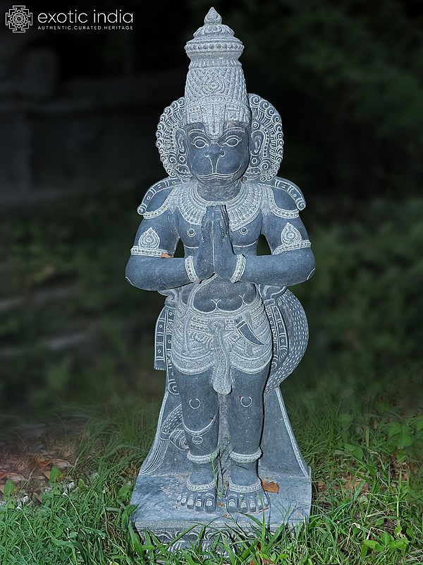 45" Standing Lord Hanuman In Namaskar Mudra | Hand Carved | Granite Stone Statue