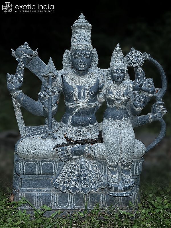 52" Lord Vishnu With Goddess Sridevi | Hand Carved | Granite Stone Statue