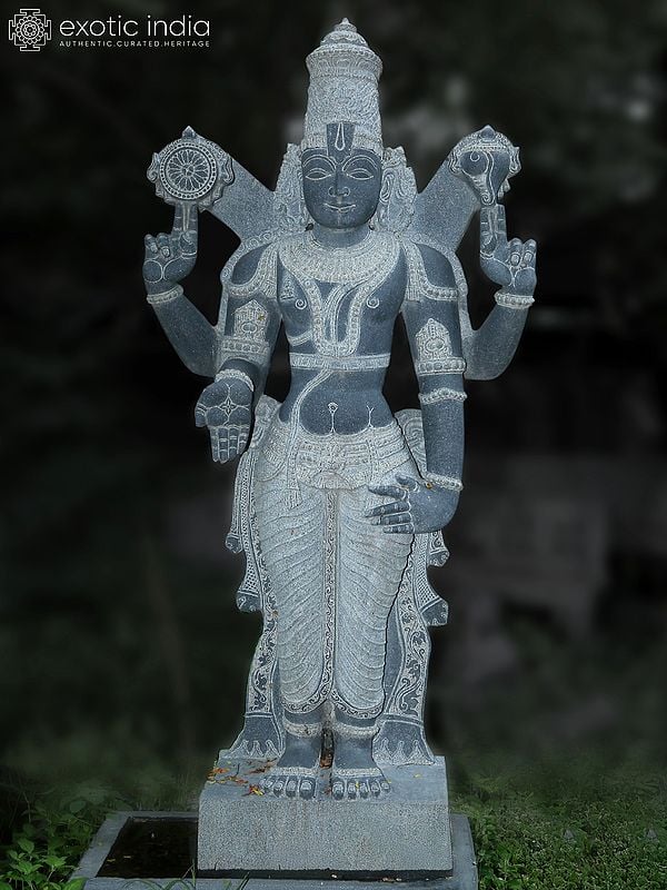 80" Large Sized Statue Of Lord Vishnu | Hand Carved | Granite Stone Statue