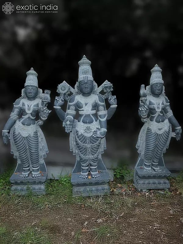 68" Large Sized Statue Of Lord Vishnu With Bhudevi And Sridevi | Granite Stone Statue