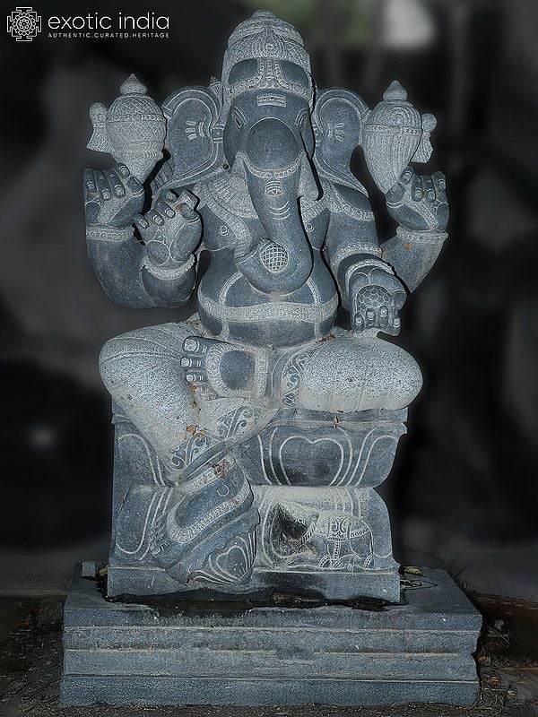 60" Lord Ganesha Holding Modak Idol | Granite Stone Statue