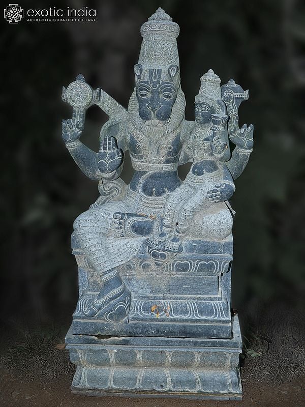 56" Lord Narsimha With Goddess Lakshmi Idol | Hand Carved | Granite Stone Statue