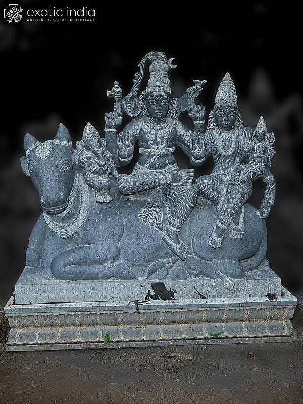 60" Shiv Parivar Seated On Nandi Idol | Hand Carved | Granite Stone Statue