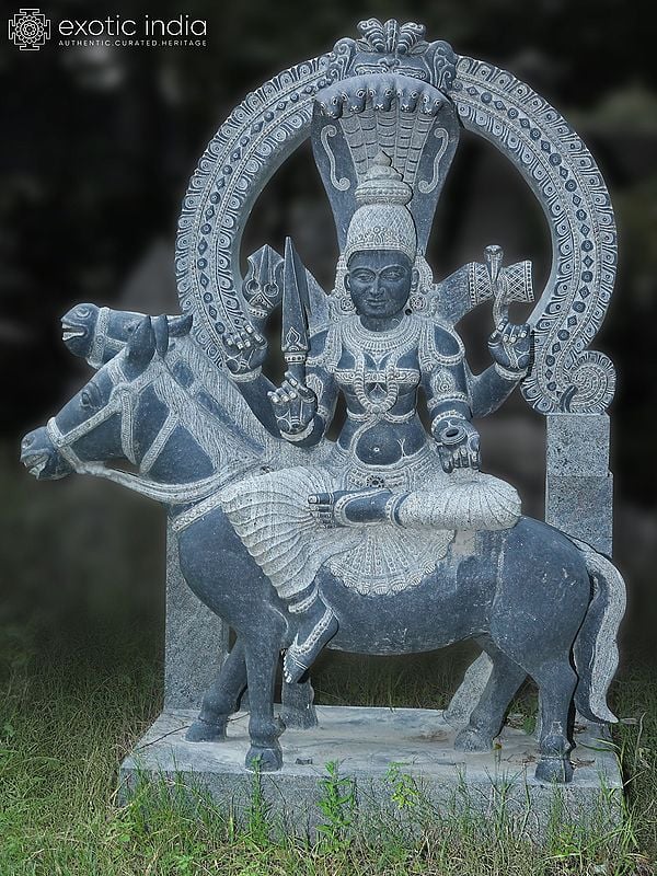 78" Goddess Karumariamman Seated On Horse | Granite Stone Statue