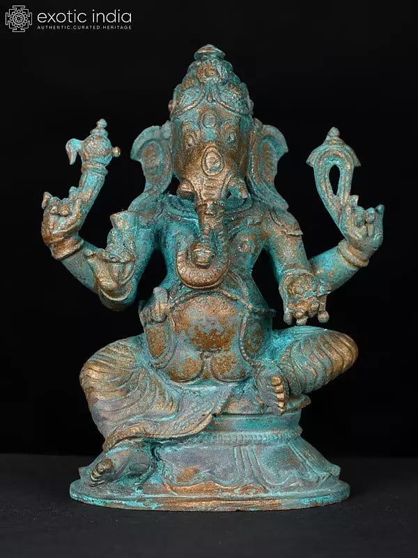 3" Small Sitting Chaturbhuja Lord Ganesha | Bronze Statue