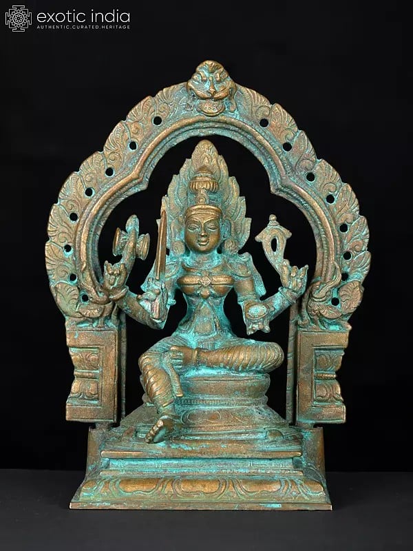 5" Small Goddess Mariamman Seated on Kirtimukha Throne | Bronze Statue