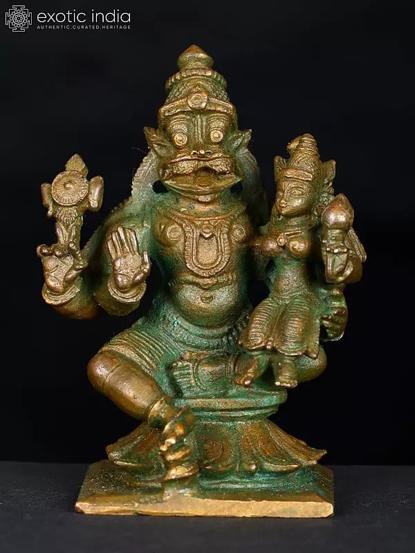 2" Small Sitting Lord Narasimha with Devi Lakshmi | Bronze Statue