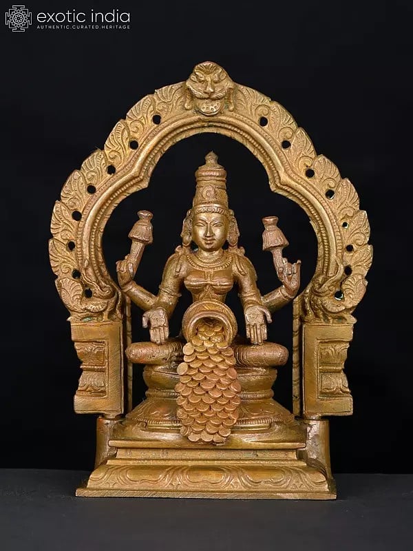 5" Small Dhana Lakshmi Seated on Kirtimukha Throne | Bronze Statue