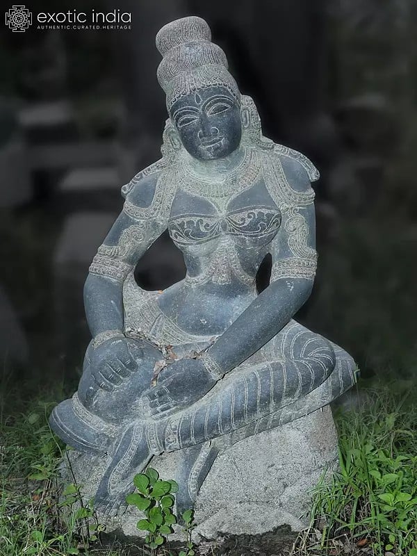 45" Large Statue Of Seated Apsara In Stone | Hand Carved | Granite Stone Statue