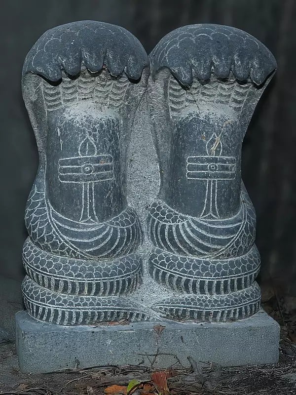 20" Two Shiv Linga With Snake In Stone | Granite Stone Statue