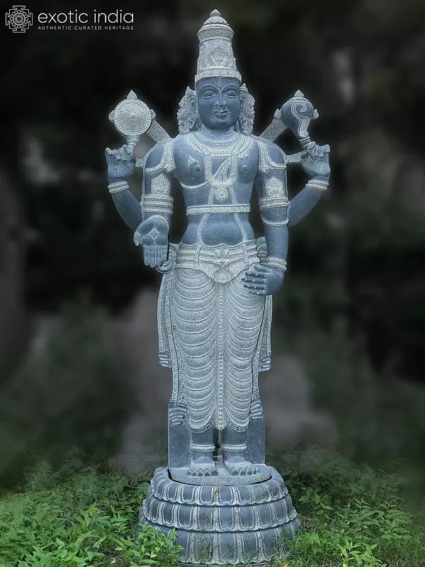 120" Standing Large Statue Of Lord Vishnu (Perumal) | Hand Carved | Granite Stone Statue