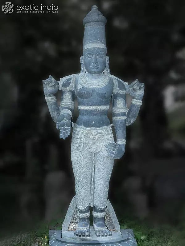 130" Lord Venkateshwar In Blessing Gesture Stone Idol | Hand Carved | Granite Stone Statue