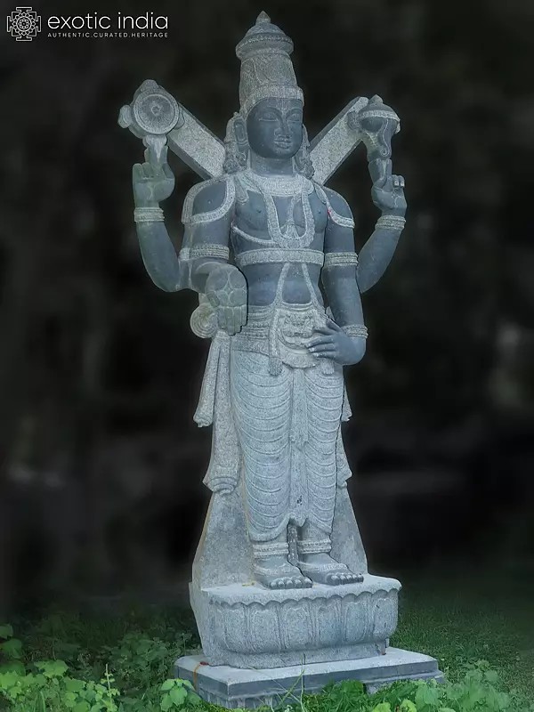 124" Lord Vishnu Standing Statue In Stone | Hand Carved | Granite Stone Statue