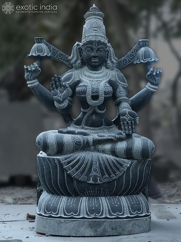 48" Goddess Lakshmi Seated On Lotus Pedstal | Hand Carved | Granite Stone Statue