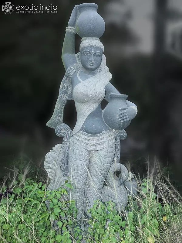 106" Village Lady With Peacock Stone Idol | Hand Carved | Granite Stone Statue