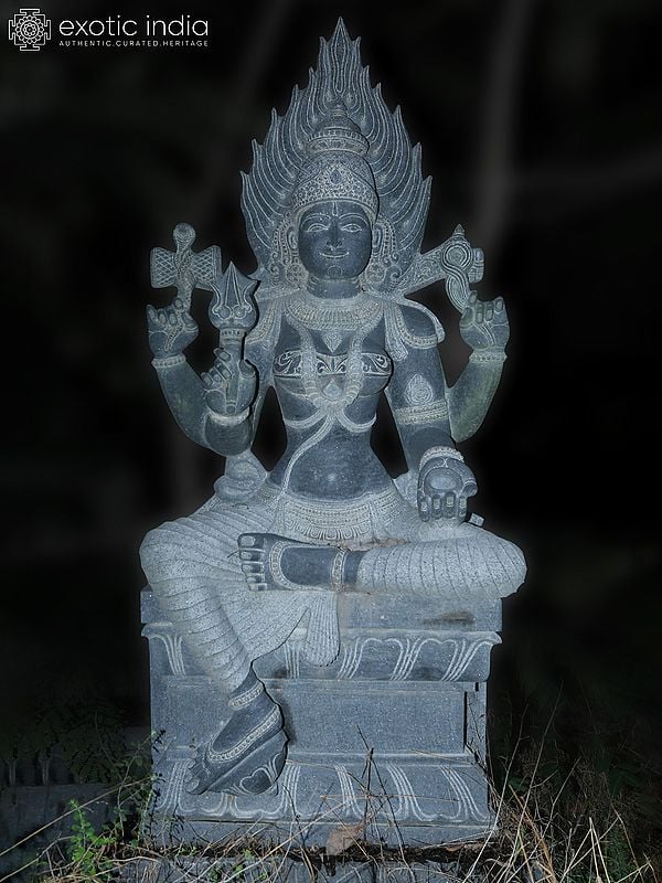 77" Large Sized Statue Of Goddess Mariamman Seated On Pedstal | Hand Carved | Granite Stone Statue