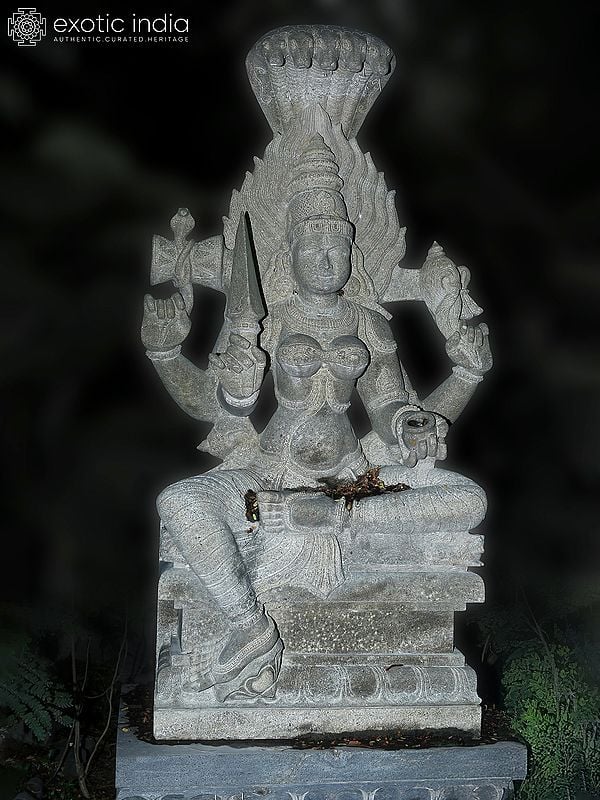 81" Large Finely Carved Goddess Mariamman Idol With Sheshnag Seated On Pedstal | Granite Stone Statue