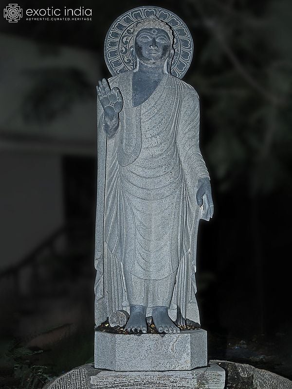 75" Standing Large Statue Of Lord Buddha In Stone | Hand Carved | Granite Stone Statue