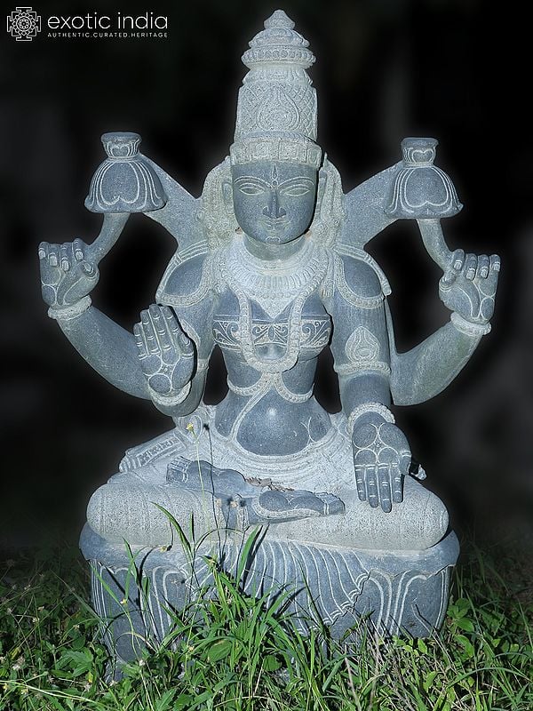 74" Large Sized Statue Of Goddess Lakshmi Seated On Lotus Pedstal | Hand Carved | Granite Stone Statue