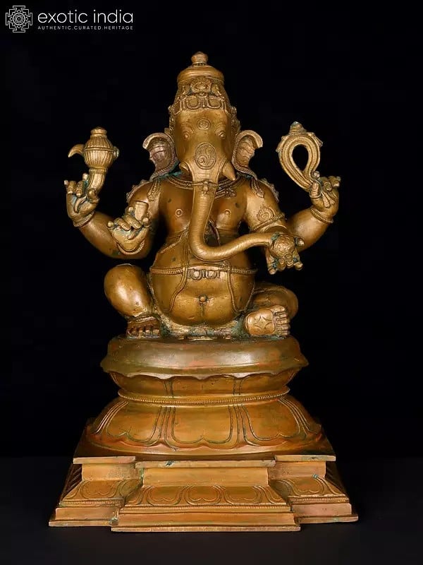 14" Chaturbhuja Lord Ganesha Seated on Lotus Pedestal | Bronze Statue