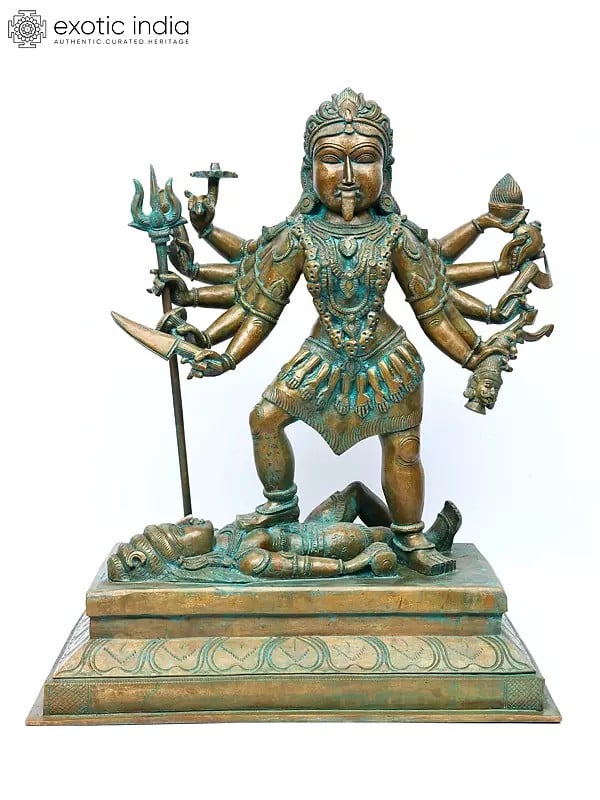 25" Ten Armed Goddess Kali Standing on Lord Shiva | Bronze Statue