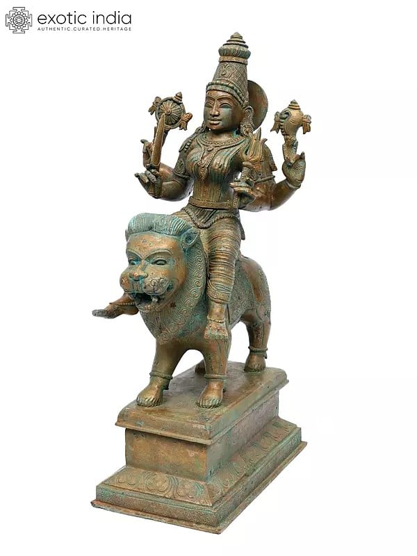 17" Four Armed Goddess Durga Seated on Lion | Bronze Statue