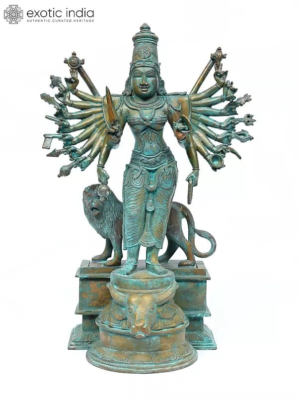 19" Eighteen Armed Standing Goddess Durga | Bronze Statue