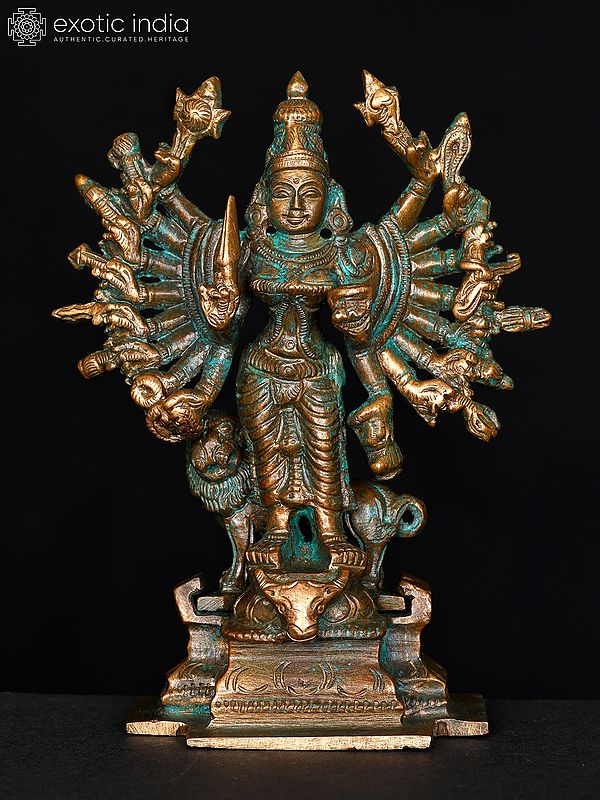 5" Small Eighteen Armed Standing Goddess Durga | Bronze Statue