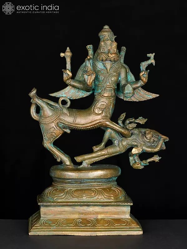 10" Lord Sharabha Subduing Narasimha | Bronze Statue