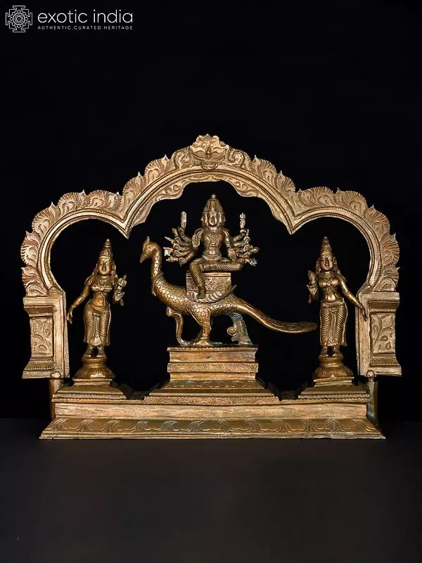 13" Shanmukha Murugan with His Consorts Devasena and Valli | Bronze Statue