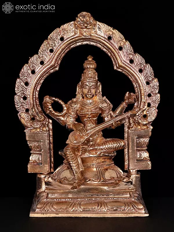 5" Small Goddess Saraswati Seated on Kirtimukha Throne | Bronze Statue