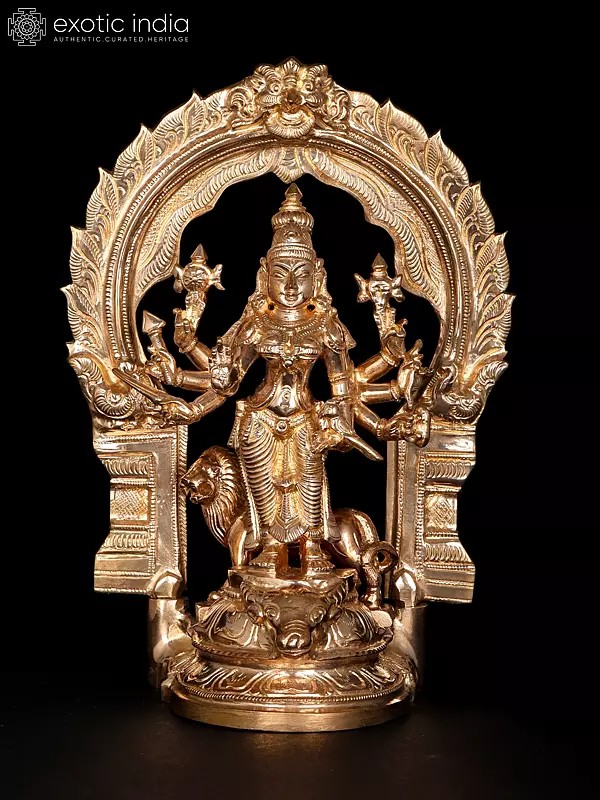 9" Eight Armed Standing Goddess Durga with Kirtimukha Arch | Bronze Statue