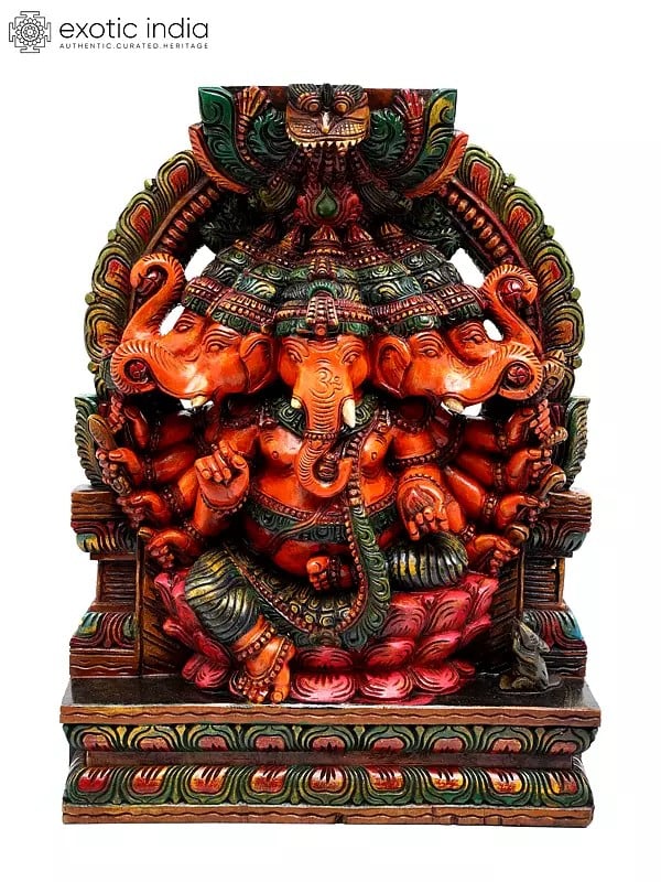 24" Panchamukhi Lord Ganesha Seated on Kirtimukha Throne | Wood Carved Statue