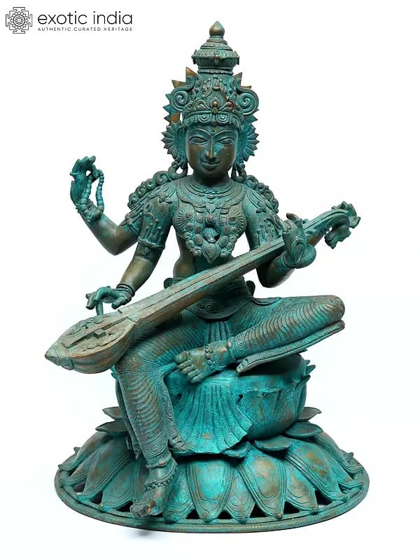 24" Four Armed Goddess Saraswati Seated on Lotus | Bronze Statue