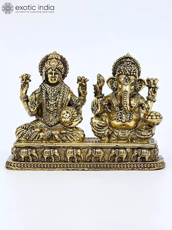 4" Small Superfine Pair of Lakshmi - Ganesha | Brass Statue