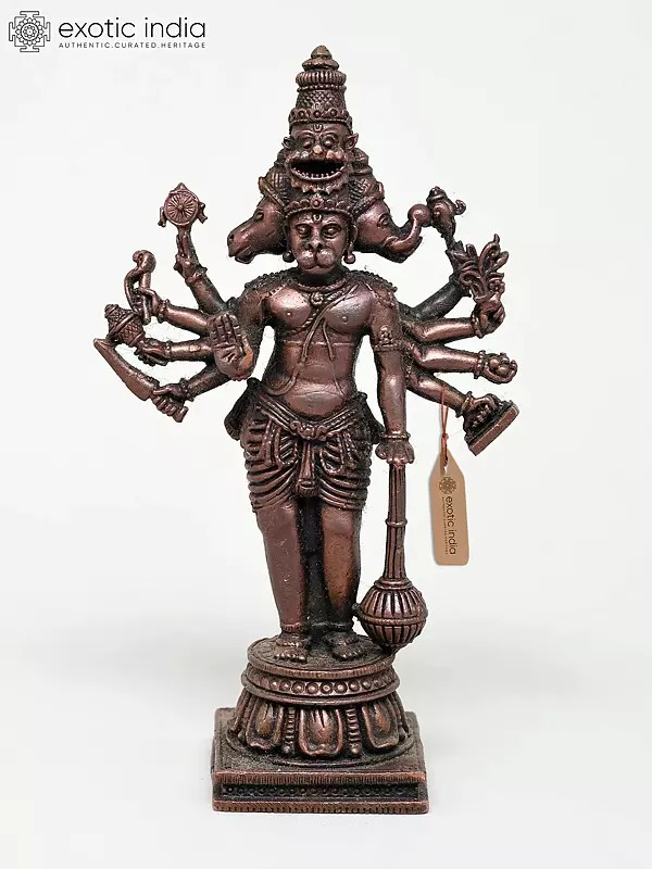 4" Small Standing Ten Armed Panchamukhi Lord Hanuman | Copper Statue