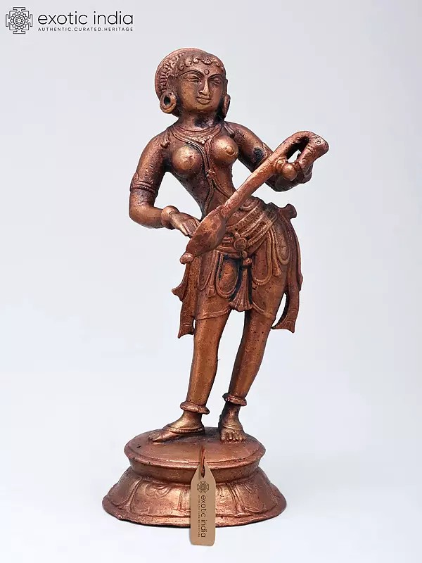 6" Small Copper Statue of Apsara Playing Musical Instrument