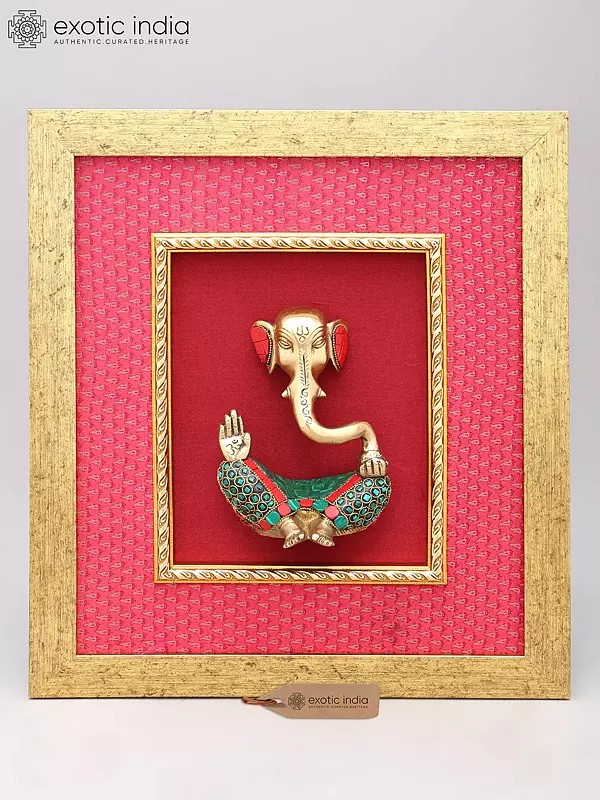 15" Stylized Lord Ganesha | Wood Framed Brass Sculpture | Wall Hanging