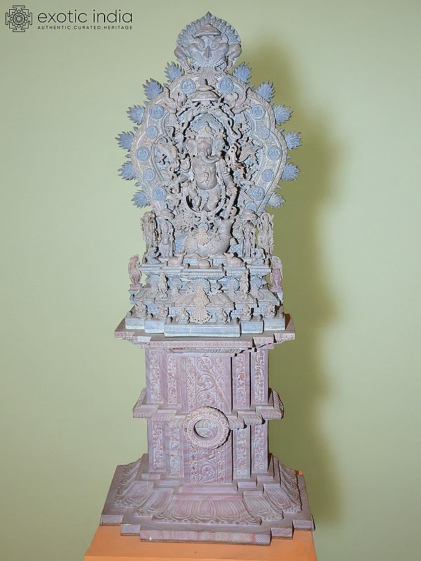 43" Chaturbhuj Lord Ganesha with His Vahana | Orissa Stone Statue with Base | Exquisite Indian Art