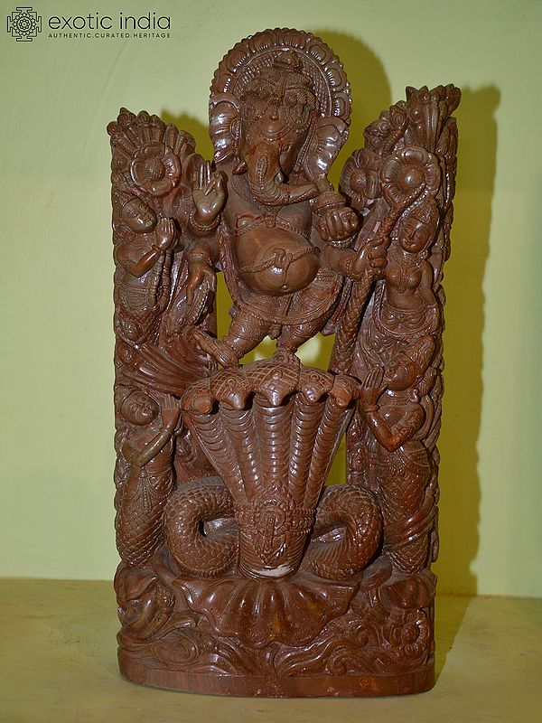 20" Chaturbhuj Lord Ganesha Standing on Sheshnag | Orissa Stone Statue | Exquisite Handmade Indian Art
