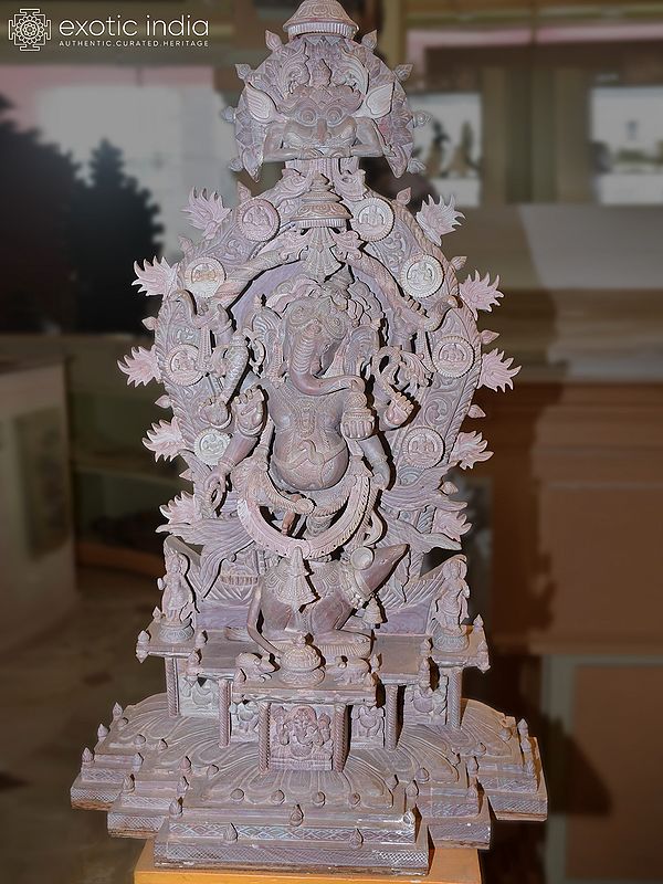 38" Six Armed Dancing Lord Ganesha on his Rat | Orissa Stone Statue | Exquisite Handmade Indian Art