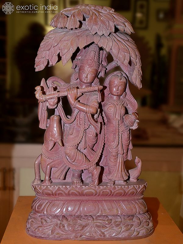19" Standing Radha Krishna Under Tree with Cow | Orissa Stone Statue | Exquisite Handmade Indian Art