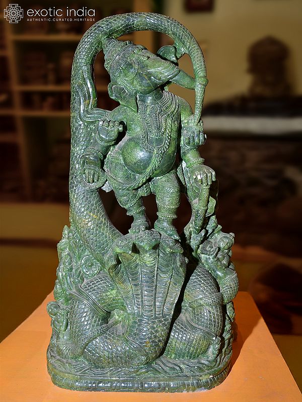 19" Four Armed Lord Ganesha Standing on Sheshnag | Orissa Stone Statue | Exquisite Handmade Indian Art