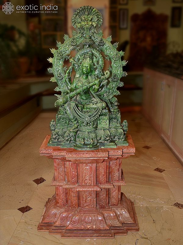 61" Goddess Saraswati - Symbol of Wisdom and Knowledge | Orissa Stone Statue with Base | Exquisite Indian Art