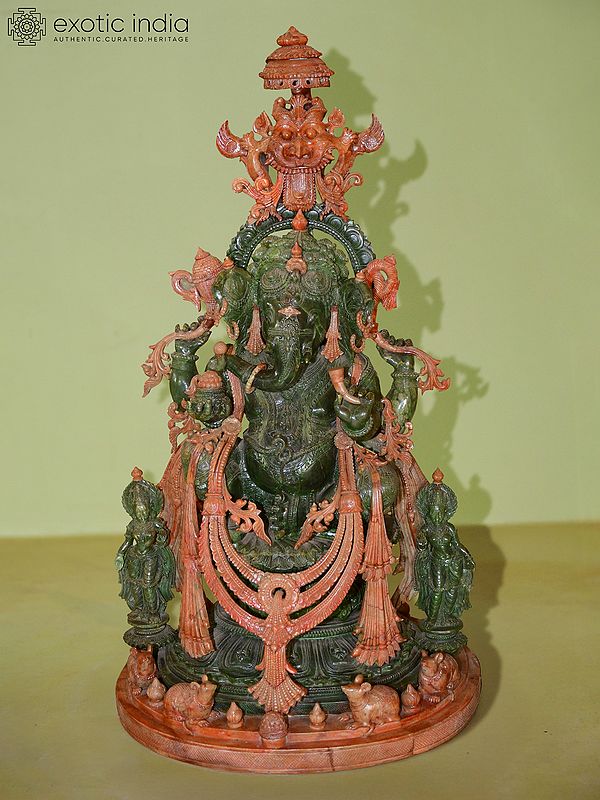 30" Chaturbhuj Lord Ganesha Holding Modak in Hand | Orissa Stone Statue | Exquisite Handmade Indian Art