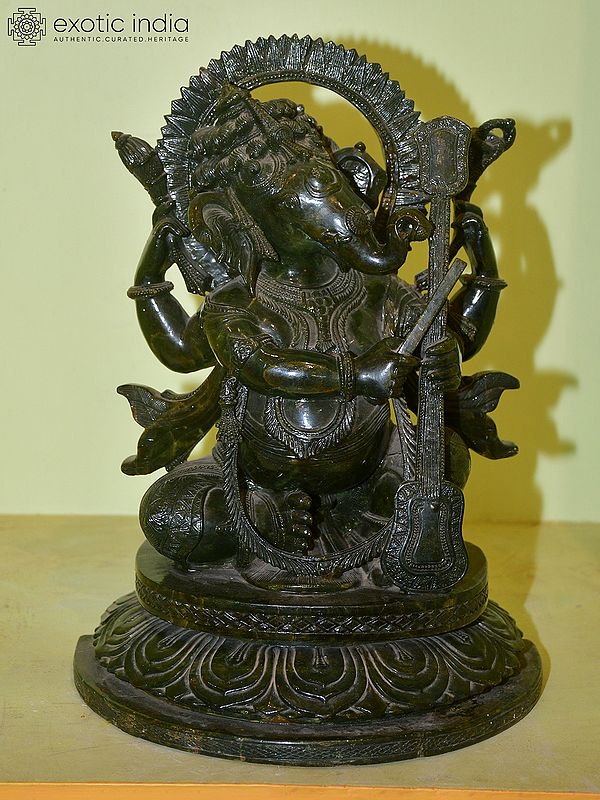 15" Chaturbhuj Lord Ganesha Holding Veena in Hand | Orissa Stone Statue | Exquisite Handmade Indian Art