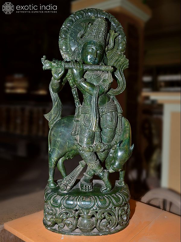 30" Lord Krishna Kanhaiya Playing Flute | Orissa Stone Statue | Exquisite Handmade Indian Art