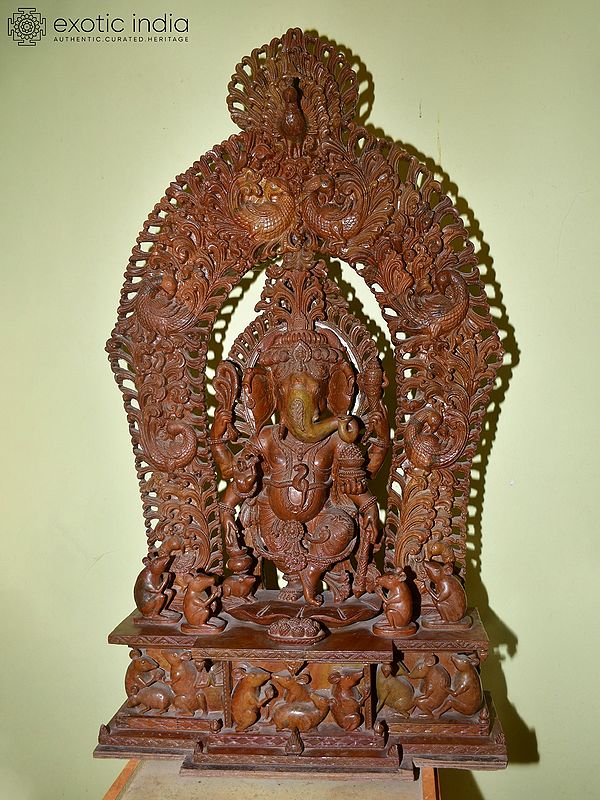 38" Six Armed Lord Ganesha Standing with his Rat | Orissa Stone Statue | Exquisite Handmade Indian Art