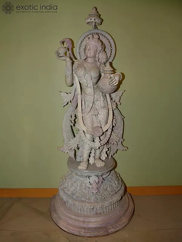 68" Goddess Radha Holding Kalash | Orissa Stone Statue | Exquisite Handmade Indian Art