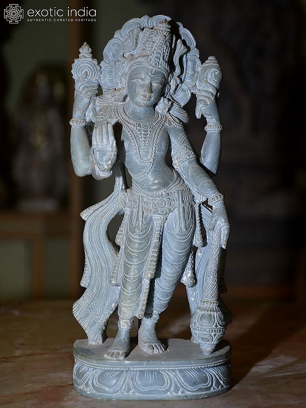 8" Chaturbhuj Lord Vishnu - Preserver of the Universe | Orissa Stone Statue | Exquisite Handmade Indian Art